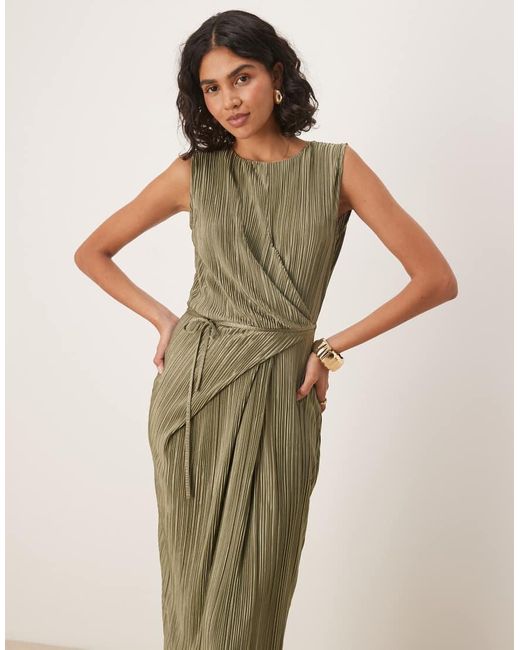 ASOS Natural Plisse Sleeveless Wrap Tie Front Maxi Dress