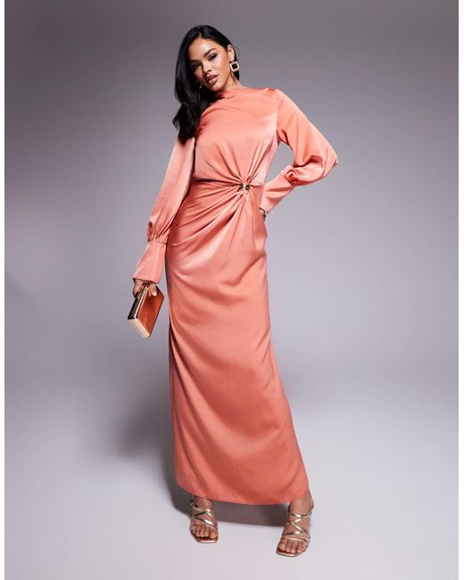 ASOS Red Twist Front Bias Satin Maxi Dress With Hardware