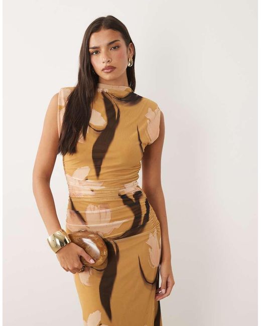 ASOS Natural Printed High Neck Detail Maxi Dress With Shoulder Pads