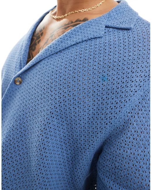 Chemise décontractée en coton texturé tressé avec manches courtes et col à revers profonds - cendré ASOS pour homme en coloris Blue
