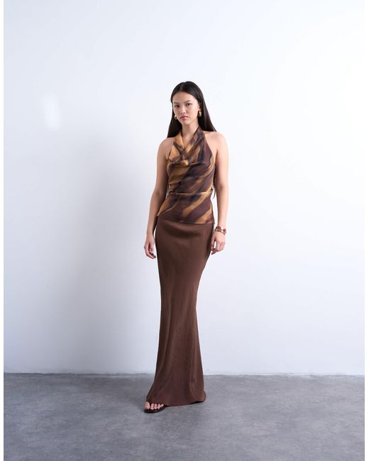 TOPSHOP Brown – neckholder-oberteil mit holzmaserung und wasserfallausschnitt