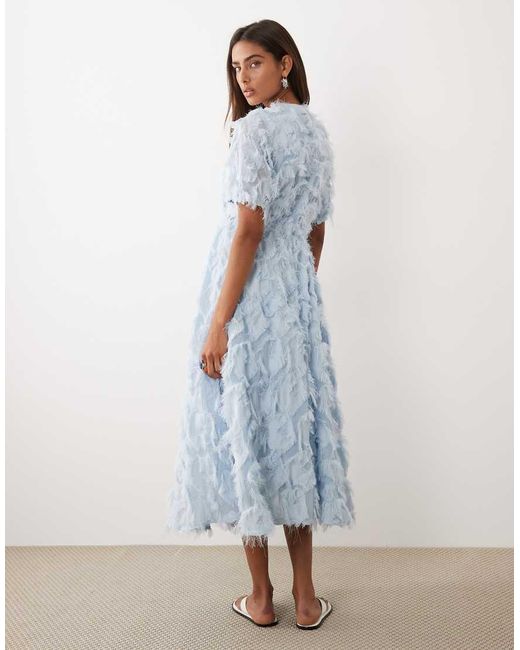 Y.A.S Blue Textured V Neck Midi Dress