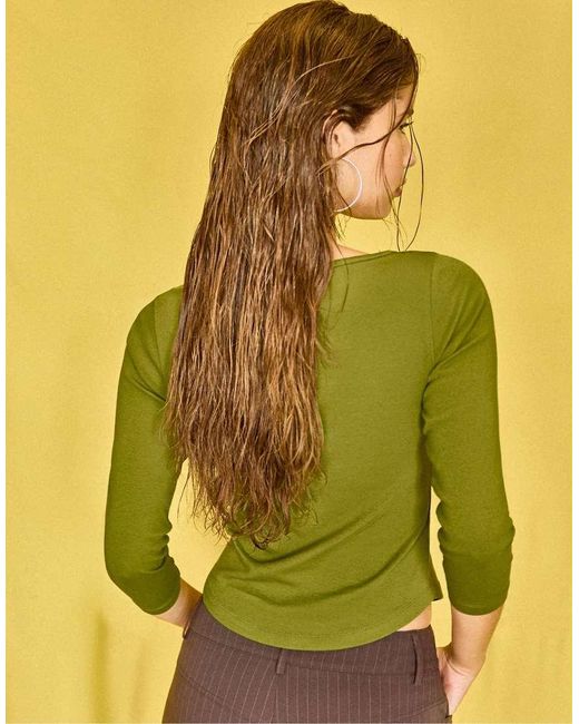 Stradivarius Yellow Boat Neck 3/4 Sleeve T-Shirt