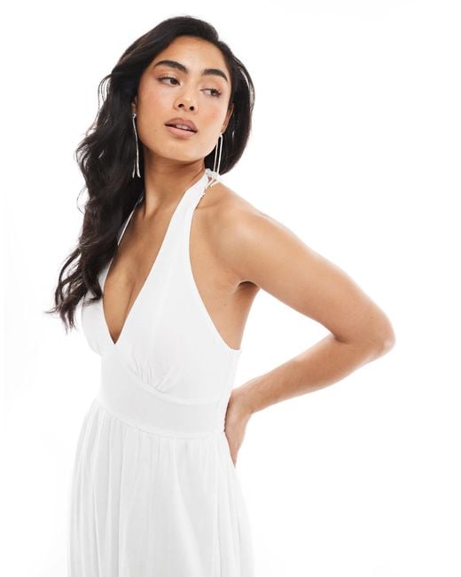 Hollister Halterneck Maxi Dress With A Slit in White | Lyst