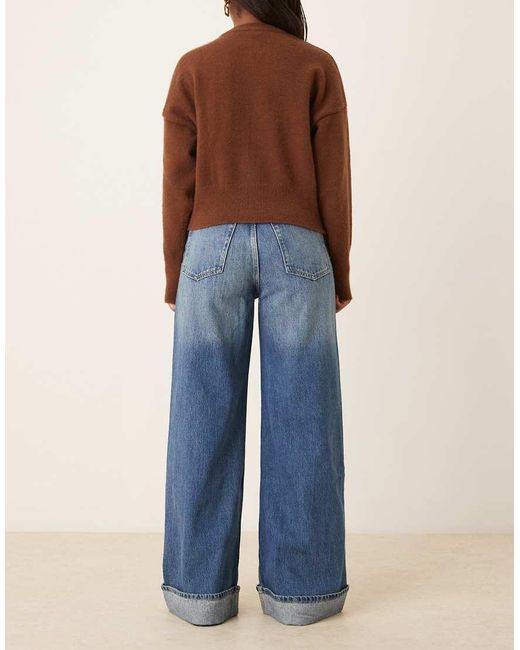 Mango Blue Cotton Wide Leg Turn Up Jean