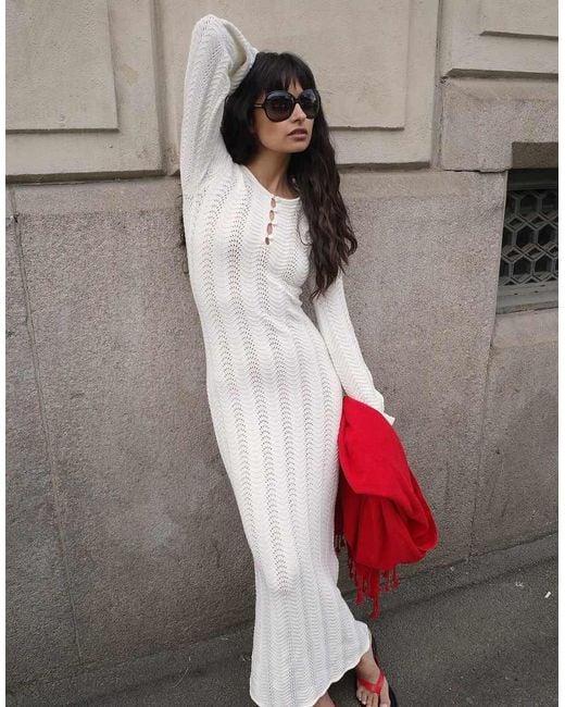 NA-KD White Knitted Crochet Maxi Dress