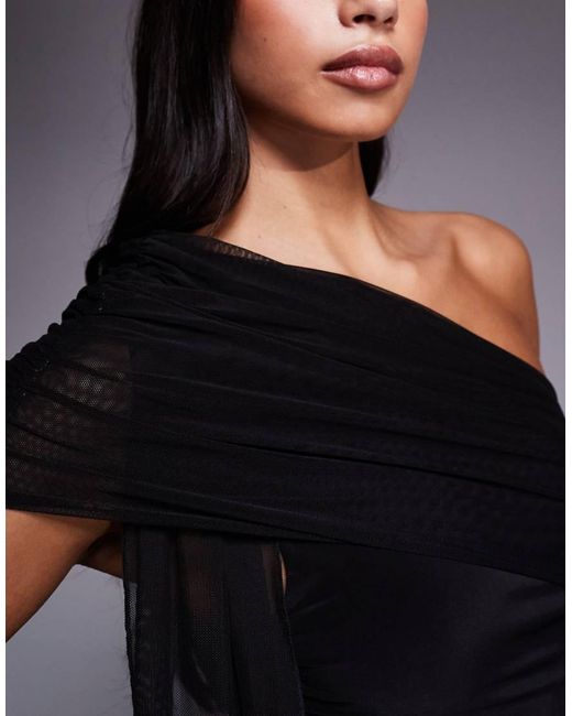 Kaiia Black Exclusive Double Layered Slinky Mesh One Shoulder Drape Detail Maxi Dress