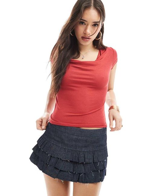 Bershka Gestreepte Mini Rok Met Stroken Met Onafgewerkte Randen in het Red
