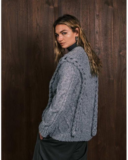 4th & Reckless Gray Wool Feel Fluffy Knit Dropped Shoulder Cable Detail Slouchy Oversized Jumper
