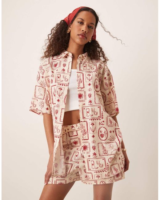 ASOS Pink – hemdbluse aus leinen mit westernprint, kombiteil