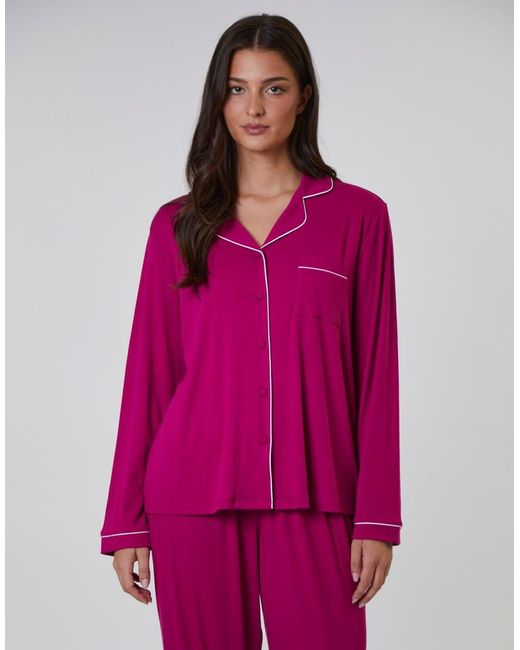 Loungeable Pink Rib Long Sleeve Traditional Shirt And Long Pant