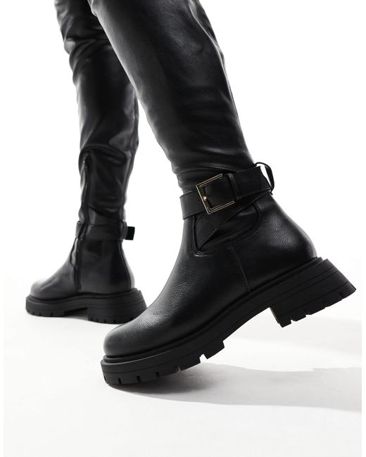 ASOS Black Kirby Buckle Detail Flat Over The Knee Boots