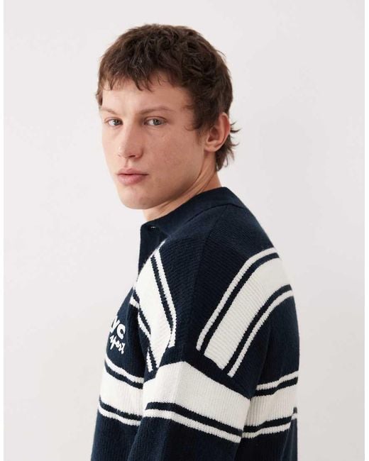 ASOS Blue Relaxed Knitted Long Sleeve Polo With Chest Embroidery for men