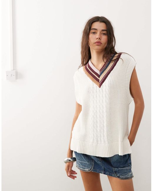 Monki Natural V-neck Knitted Singlet With Contrast Varsity Stripe Neckline