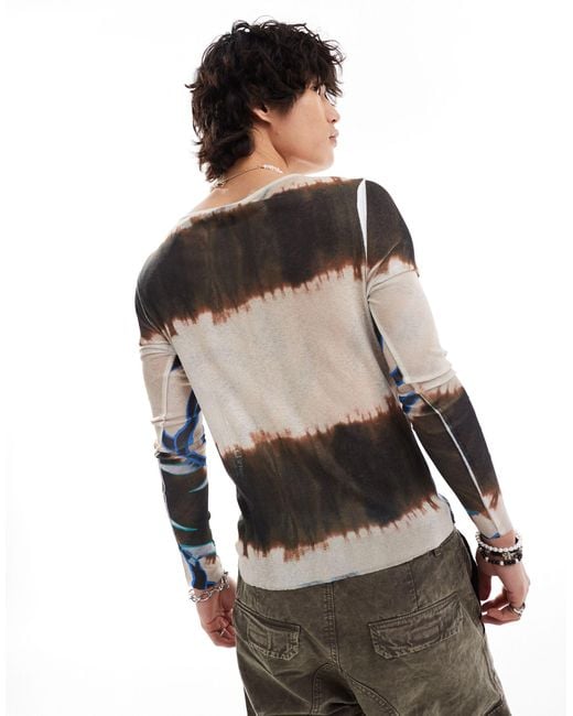 Collusion Gray Long Sleeve Muscle Mesh Abstract Print T-shirt for men
