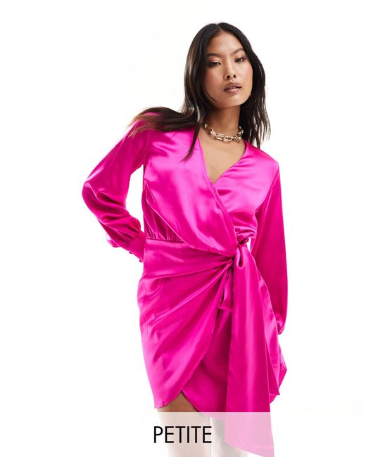 Never Fully Dressed Pink Petite Satin Wrap Mini Dress