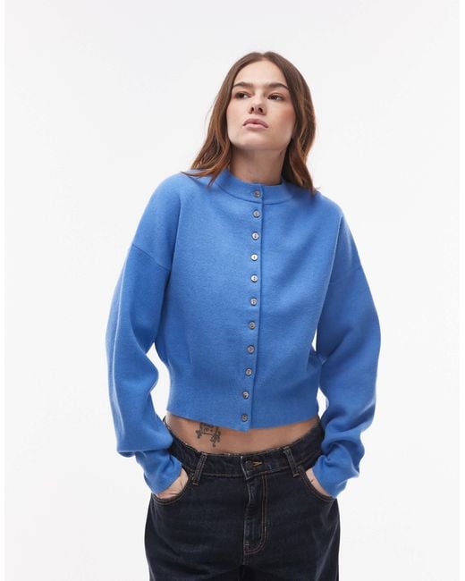 TOPSHOP Blue Knitted Compact Fitted Waist Cardi