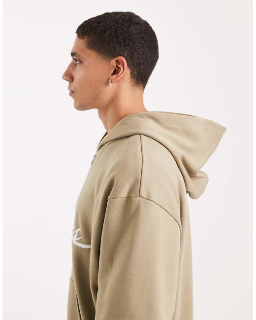 ASOS Natural Relaxed Zip Through Hoodie With Embroidery Print for men