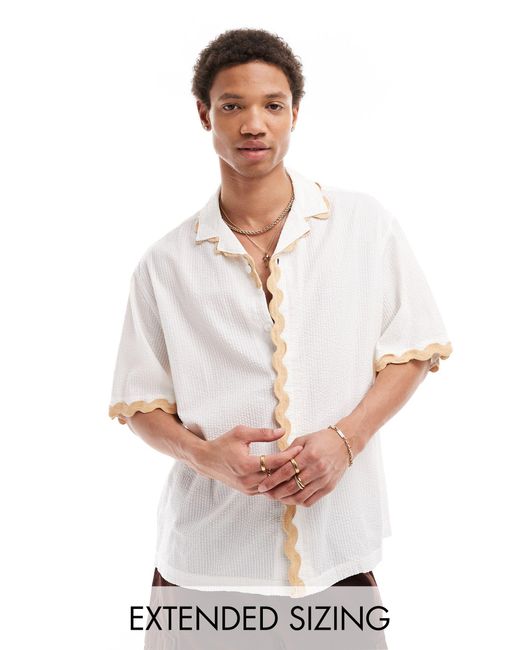 ASOS White Short Sleeve Relaxed Revere Collar Seersucker Shirt With Wavy Detailing for men