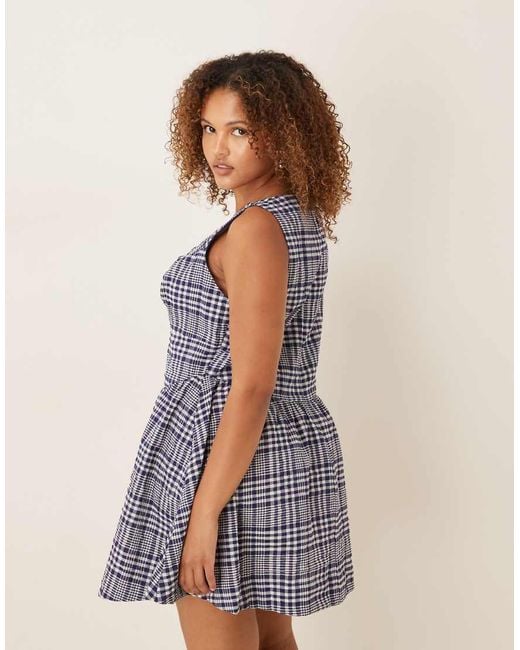 ASOS Blue Asos Design Curve Waisted V-neck Mini Sundress With Seaming Details