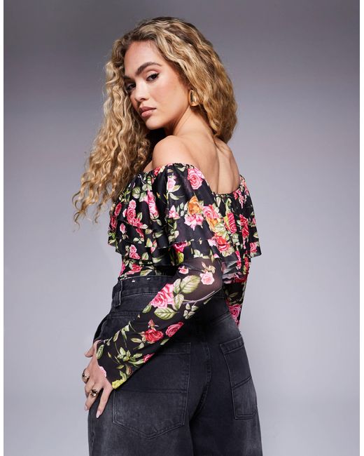 AFRM Gray Saylor Long Sleeve Off The Shoulder Ruffle Bodysuit