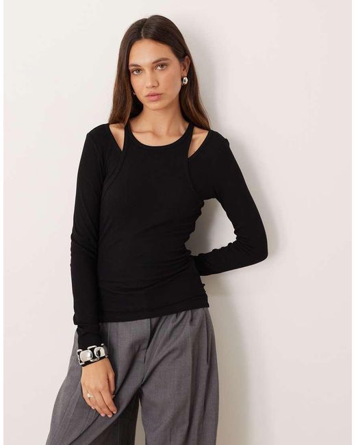 Mango Black Overlay Detail Long Sleeve Top