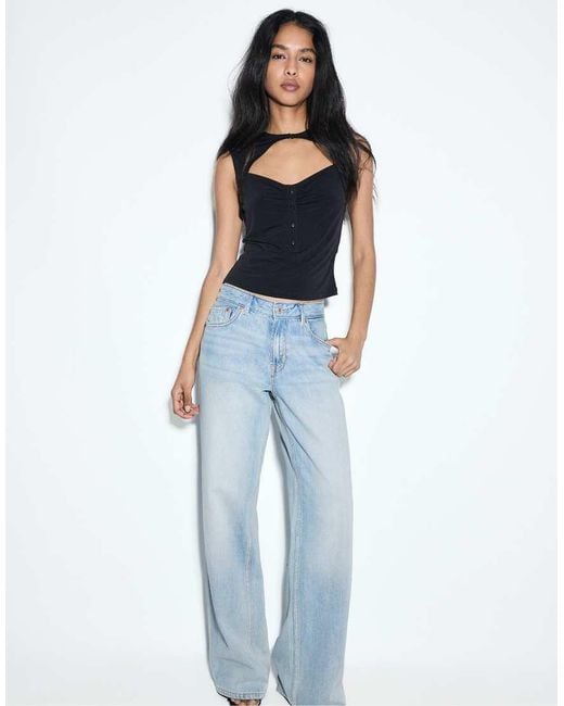 Stradivarius Blue D91 Low-Rise Wide-Leg Jeans