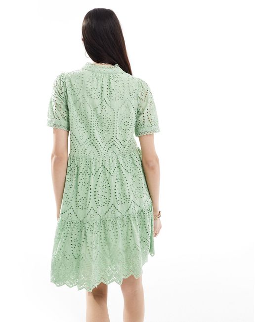 Y.A.S Green Broderie Short Sleeve Mini Dress