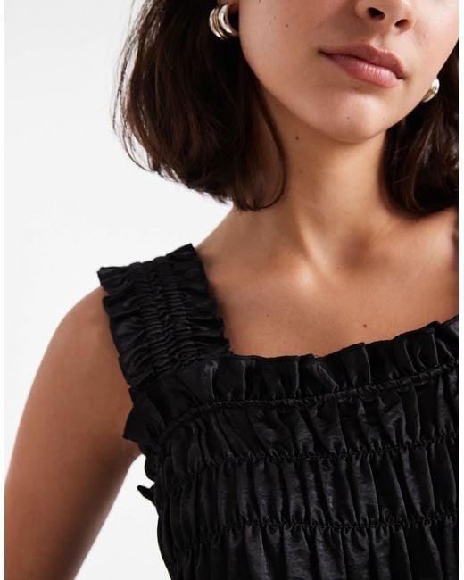 Collusion Black Satin Shirred Smock Top