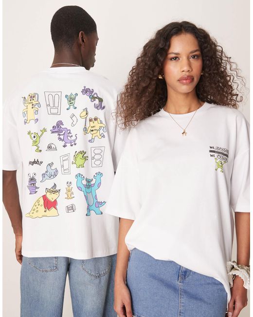 ASOS White Disney Pixar Unisex Oversized T-shirt With Monsters Inc Prints