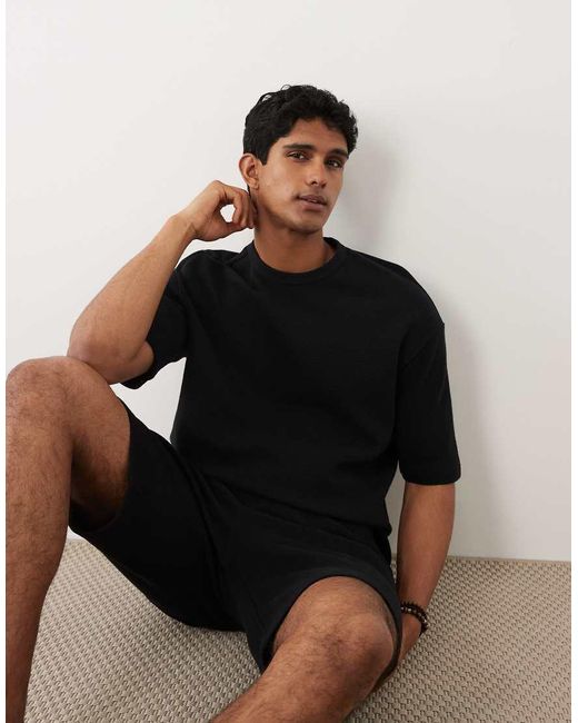 SELECTED Black Co-ord Waffle T-shirt for men