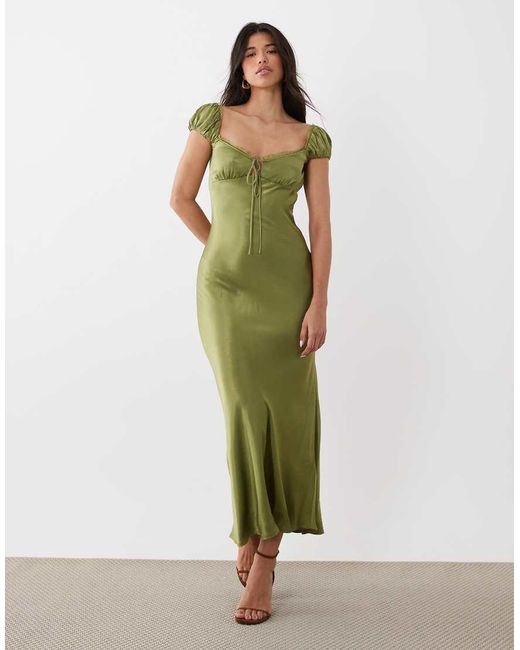 Bardot Green Stasia Satin Puff Sleeve Lace Trim Tie Front Detail Maxi Dress