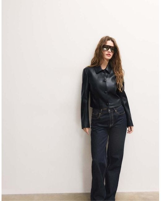 Stradivarius Blue Crop Leather Effect Blazer