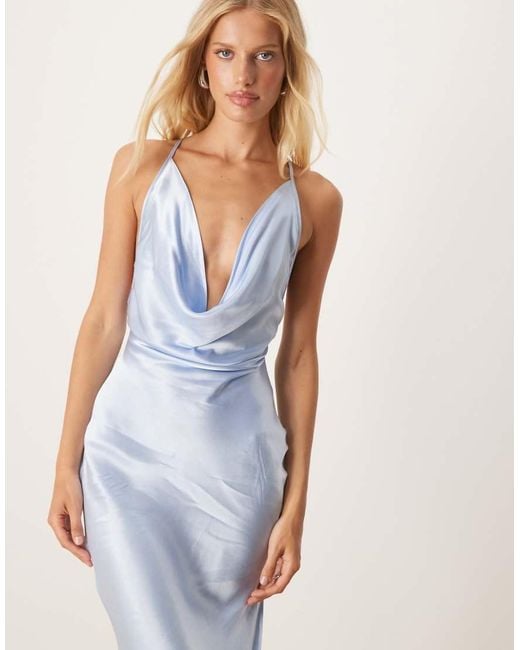SNDY'S Blue Exclusive Satin Cowl Neck Strappy Open Back Side Split Maxi Dress