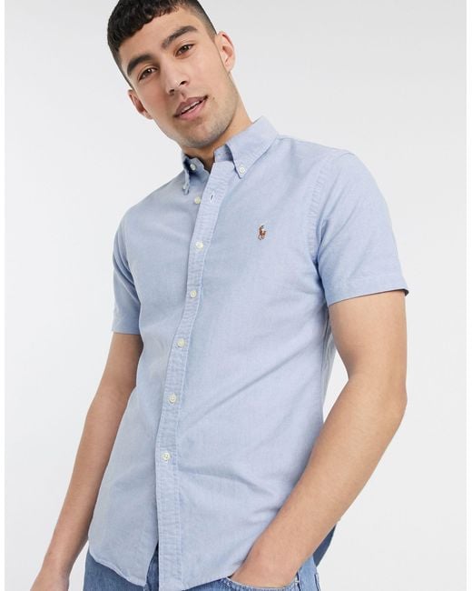 Polo Ralph Lauren Blue Short Sleeve Oxford Shirt Slim Fit Multi Player Logo for men