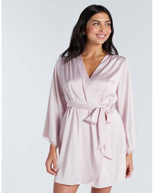 Boux Avenue White Kaya Floral Lace Trim Satin Short Robe With Belt