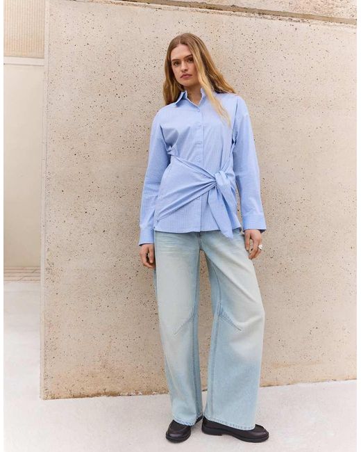 Bershka Blue Oversize Poplin Shirt With Bow Print