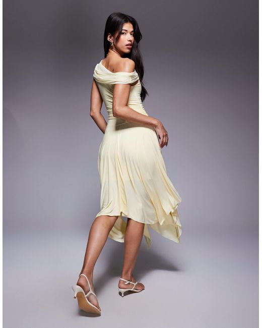 Kaiia Blue Exclusive Double Layered Slinky Asymmetric Drape Detail Drop Waist Fairy Hem Maxi Dress