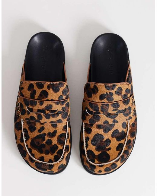 TOPSHOP Brown Addie Hair On Real Leather Mule Loafers