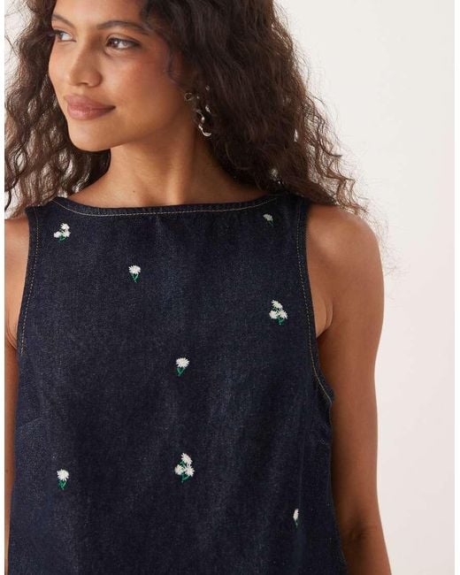 ASOS Blue Denim Shift Top With Embroidered Ditsy Floral Co-ord