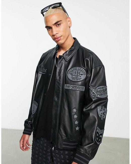 Mens leather top varsity bomber jacket