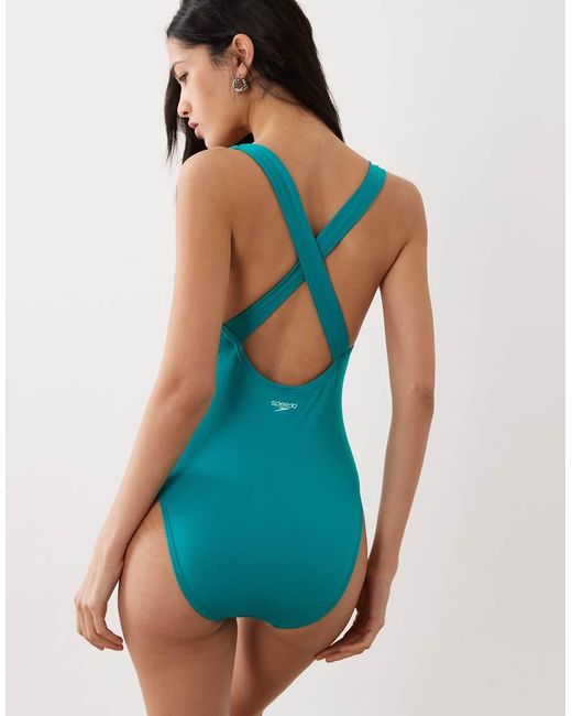 Speedo Blue Solid Scoop Neck Swimsuit