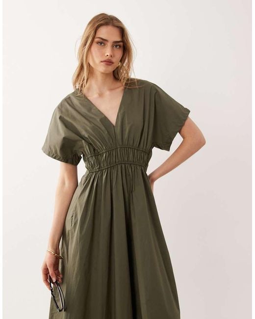 Mango Green V Neck Cinched Waist Midi Dress