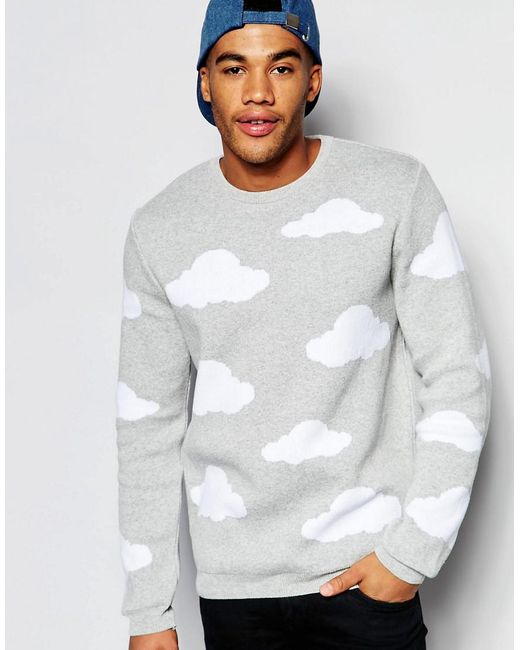 ASOS Gray Sweater With Clouds Design for men