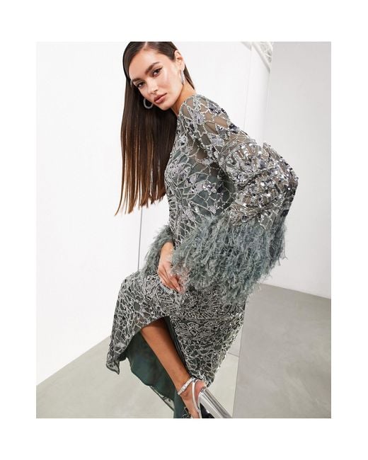 ASOS Gray Geo Embellished Long Sleeve Maxi Dress With Faux Feather Cuff