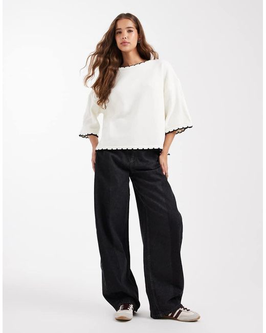 Miss Selfridge White Knitted Blanket Stitch T-shirt