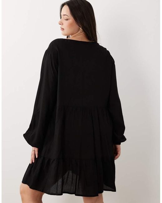 Esmee Curve Black Exclusive Mini Tiered Smock Summer Dress With Long Sleeve