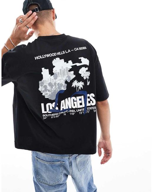 Camiseta Negra De Corte Cuadrado Con Estampado Trasero Y Delantero "La" De ASOS de hombre de color Blue