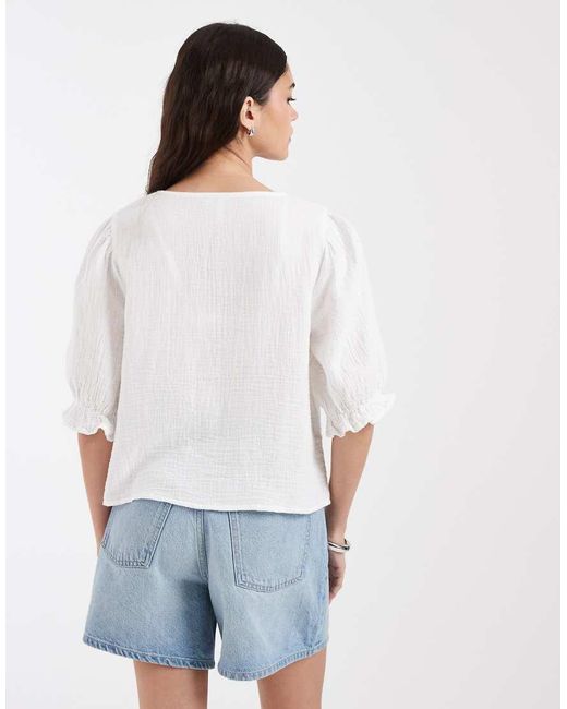 Pieces White Puff Sleeve Button Front Woven Blouse