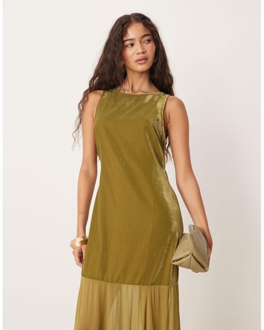 ASOS Green Drop Waist Velvet Maxi Dress With Sheer Godet Skirt